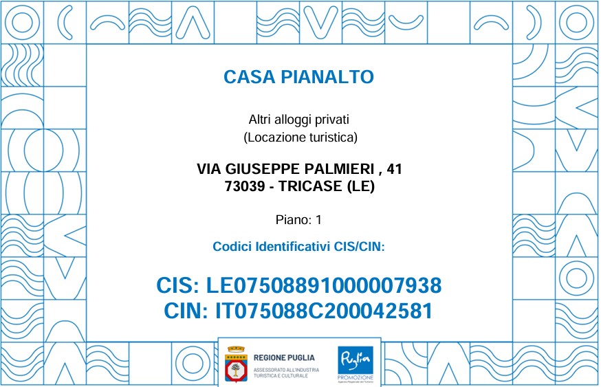 CIS – Codice identificativo struttura di Casa Pianalto B&B